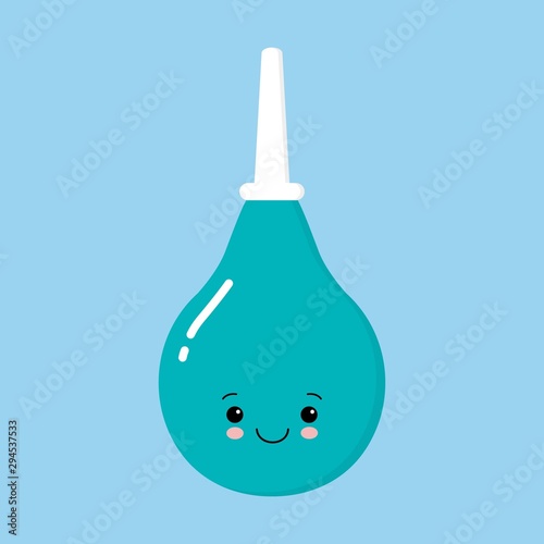 Cute cartoon enema. Medical instruments . Blue enema with a plastic tip. Vector illustration of medical pear.