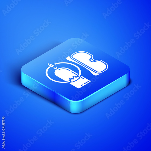 Isometric Diving mask and aqualung icon isolated on blue background. Oxygen tank for diver. Extreme sport. Sport equipment. Blue square button. Vector Illustration