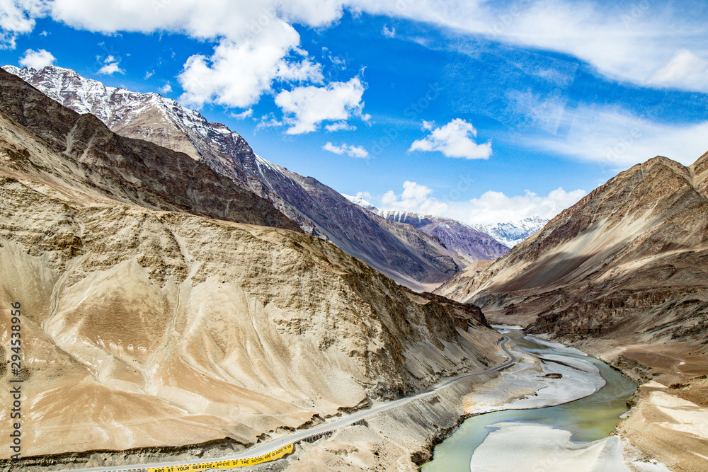 Panorama view of Indus valley,Lah, India. Indus Valley is the largest valley of Ladak. River and water flows towards Pakistan.