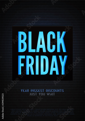 Biggest black friday discounts vector poster template. Mega wholesale advert with text space. Special price offer on stylized brick wall background. Seasonal sale promo banner design