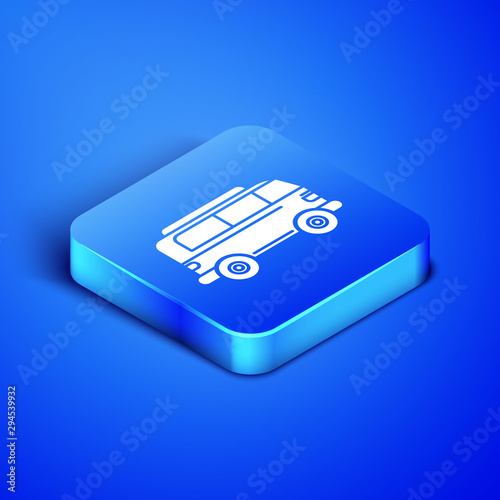 Isometric Retro minivan icon isolated on blue background. Old retro classic traveling van. Blue square button. Vector Illustration