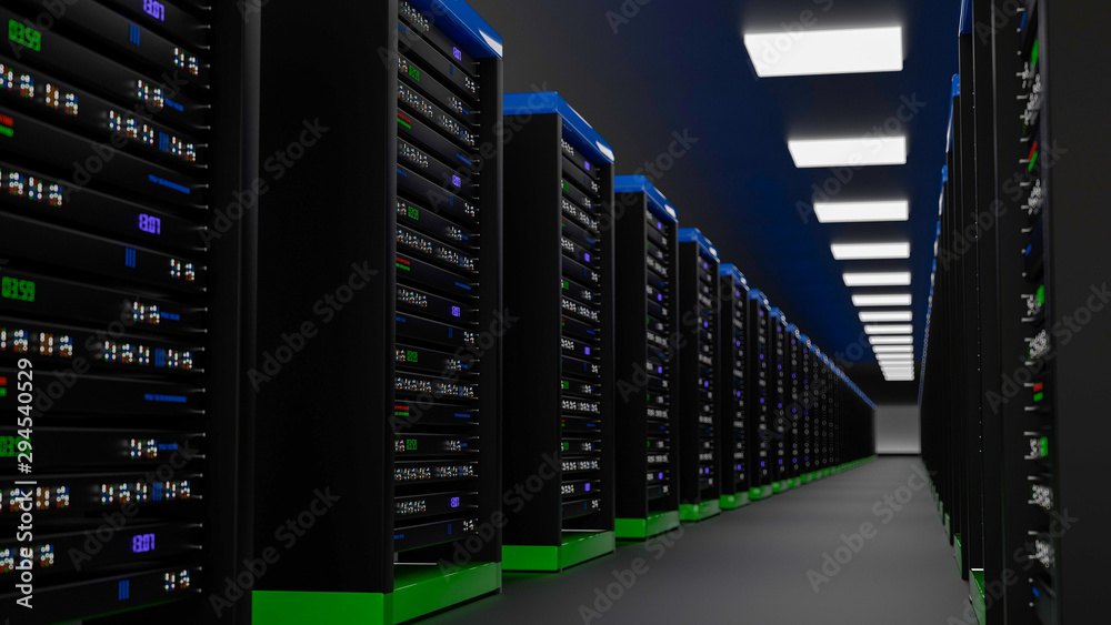 Server room data center. Backup, mining, hosting, mainframe, farm and computer rack with storage information. 3d render Server room data center. Backup, mining, hosting, mainframe, farm and computer rack with storage information. 3d render