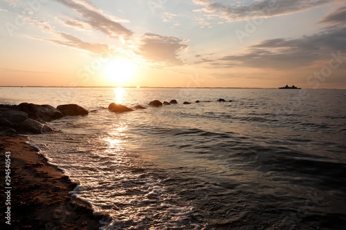 breakwater at the sea shore  in magical evening light 