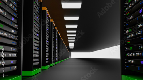 Server room data center. Backup, mining, hosting, mainframe, farm and computer rack with storage information. 3d render