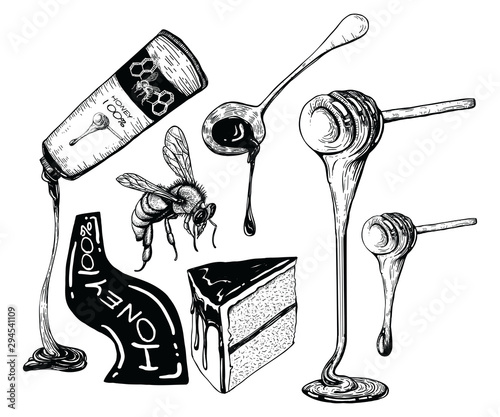 Honey, Cake and honey product vector by hand drawn on white backgrounds.
