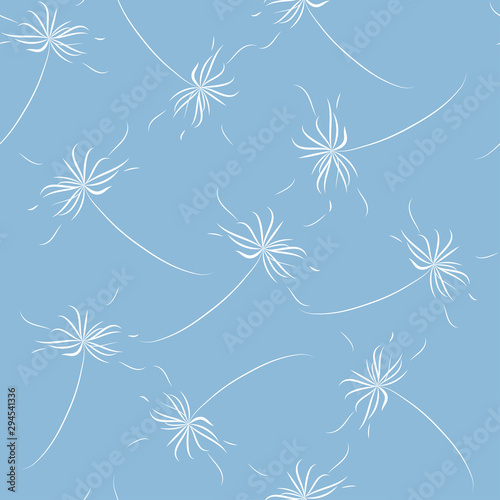  Seamless pattern: white silhouettes of dandelions on a blue background. Vector. Illustration