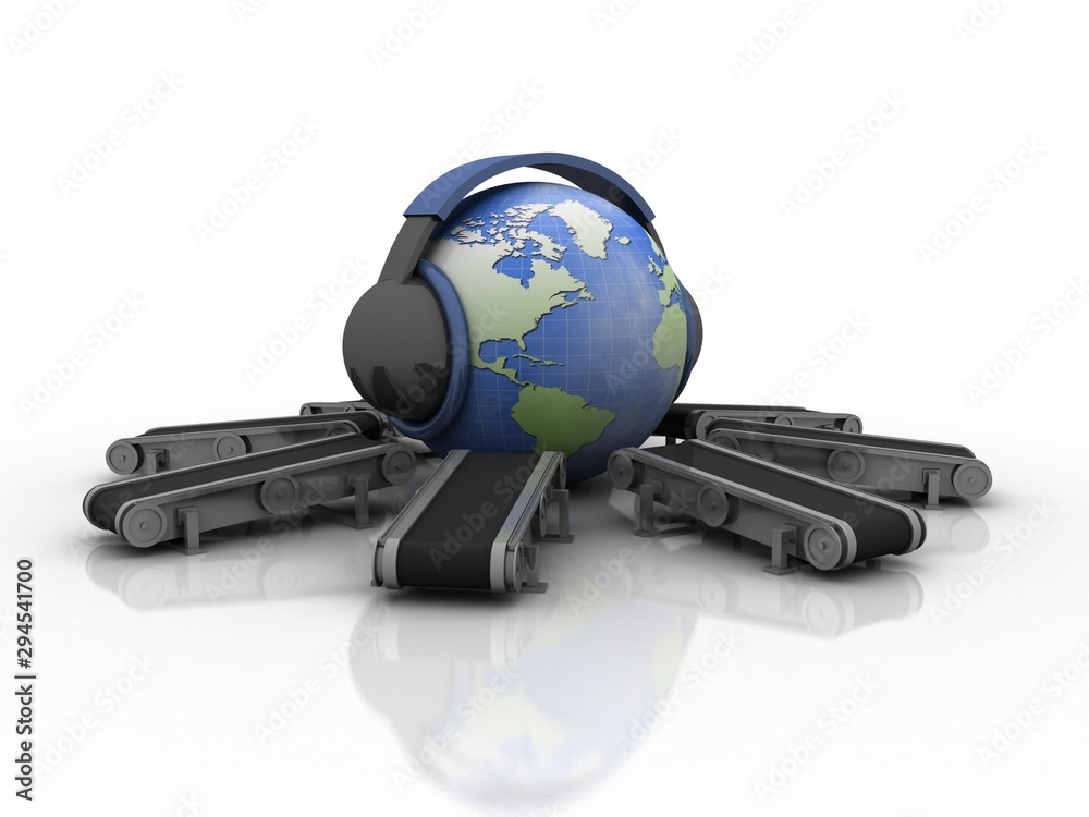 Fototapeta premium 3d rendering conveyor belt with headphone connected globe