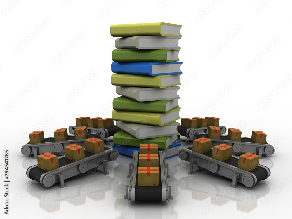 Fototapeta premium 3d rendering cardboard boxes in conveyor belt with studying books