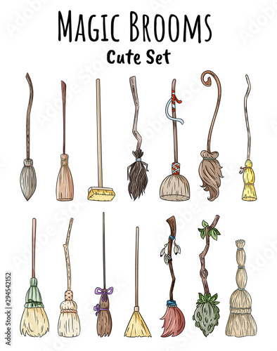 Set of cute broomstick doodles. Collection of Happy Halloween related illustrations - magic brooms. Cartoon images elements: witch or wizard old brooms photo