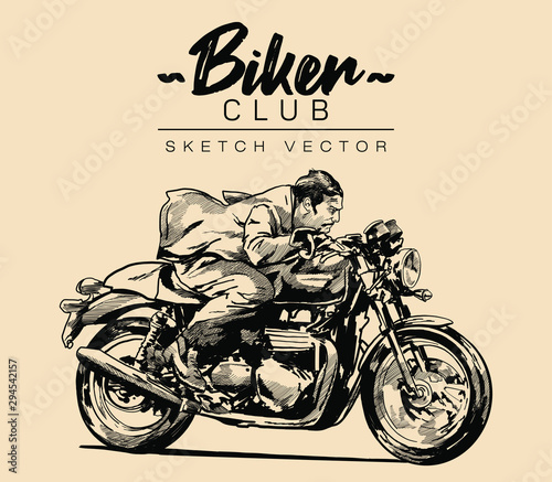 Biker on a motorcycle. Hand drawn sketch vector illustration