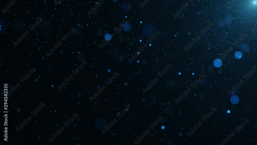 Abstract motion background shining blue particles. Blue floating dust particles with flare on black background. Looped 3D bokeh. 4k Ultra HD loop animation.