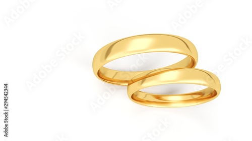 Gold wedding rings isolated on white background. 3d illustration.