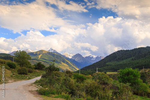 Country road high in the mountains. Tall trees, snowy mountains and white clouds on a blue sky. Kyrgyzstan Beautiful landscape.