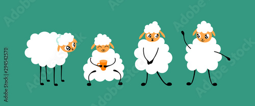 Set of cute cartoon sheep isolated on green background. Flat vector illustration.