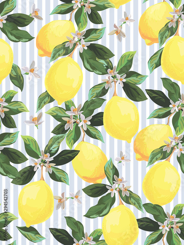 Seamless citrus vector pattern. Exotic background. Hand drawn illustration with lemons. Tropical fruit wallpaper.