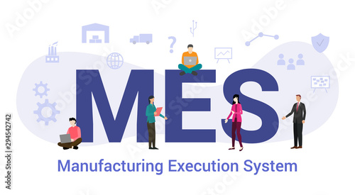 mes manufacturing execution system concept with big word or text and team people with modern flat style - vector photo