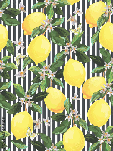 Seamless citrus vector pattern. Exotic background. Hand drawn illustration with lemons. Tropical fruit wallpaper.