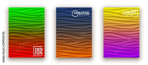 Minimal fluid covers design wall panel. Halftone colorful realistic 3d relief wave design. Future liquid modern interior gypsum stucco relievo patterns. Eps10 vector background set.