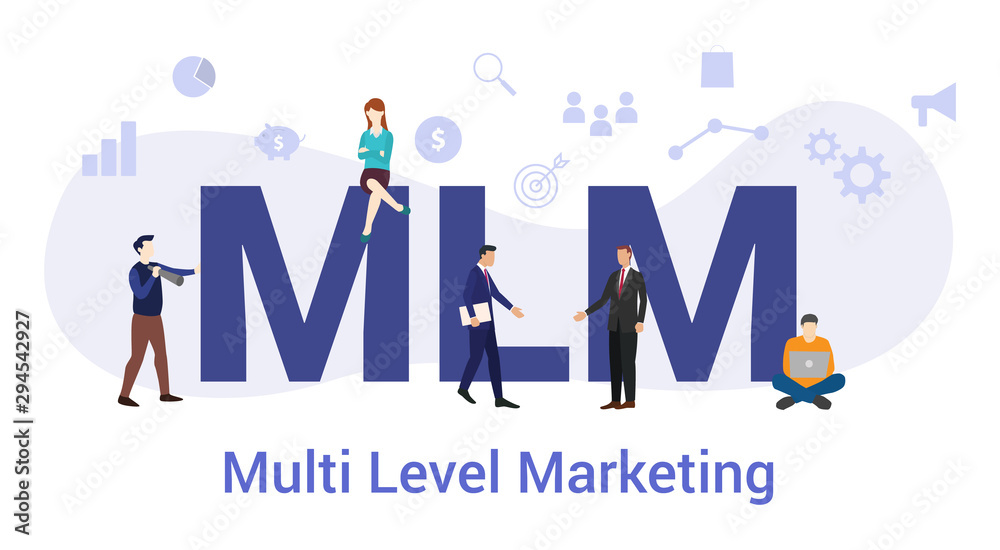 mlm multi level marketing concept with big word or text and team people with modern flat style - vector mlm multi level marketing concept with big word or text and team people with modern flat style - vector