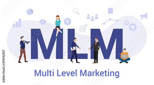 mlm multi level marketing concept with big word or text and team people with modern flat style - vector photo