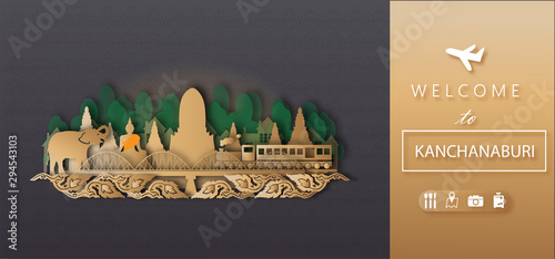 Kanchanaburi Thailand Travel postcard panorama, poster, tour advertising of world famous landmarks of Thailand