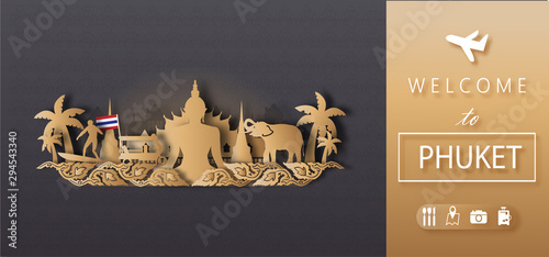 Phuket Thailand Travel postcard panorama, poster, tour advertising of world famous landmarks of Thailand.