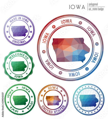 Iowa badge. Colorful polygonal us state symbol. Multicolored geometric Iowa logos set. Vector illustration.