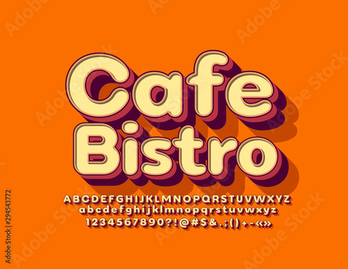 Vector retro style banner Cafe Bistro. 3D trendy Font. VIntage Alphabet Letters, Numbers and Symbols