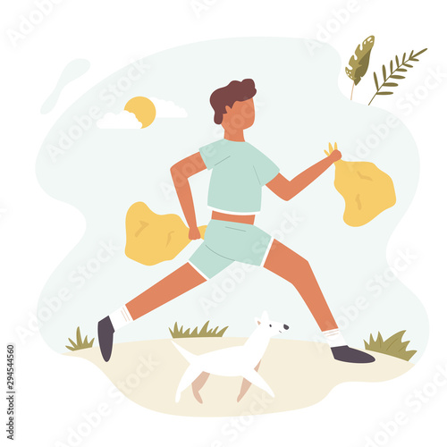Young running boy doing plogging. Eco lifestyle.