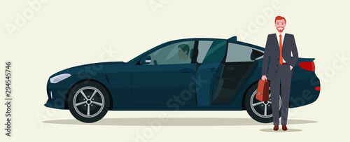 A businessman got out of a car sedan. Vector flat style illustration.