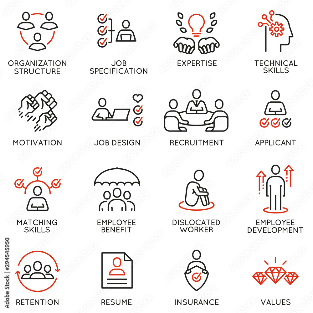 Vector set of linear icons related to engagement employee, employability skills, human resource management. Mono line pictograms and infographics design elements