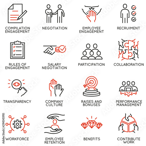 Vector set of linear icons related to engagement employee. Mono line pictograms and infographics design elements photo