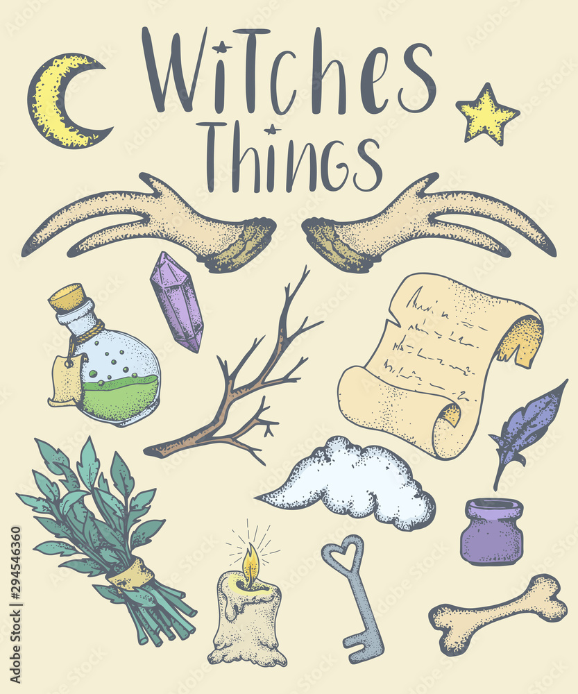 Naklejka premium Set of witches things. Halloween set