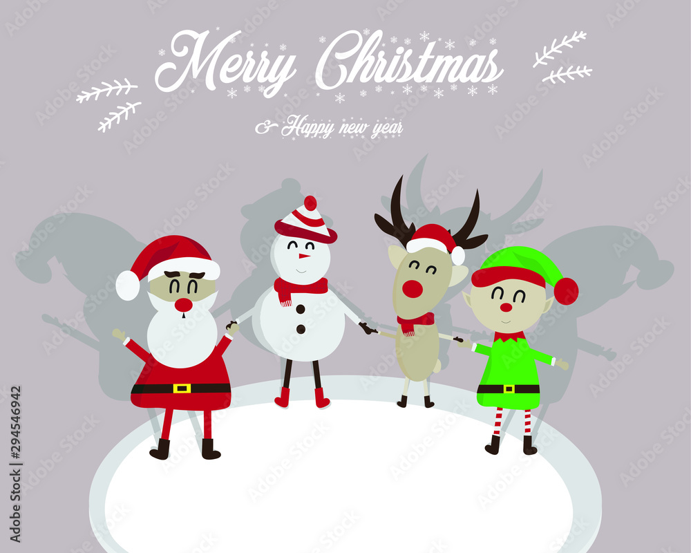 Merry Christmas and Happy New Year. Many cute cartoon characters such as Santa Claus, reindeer, elves, with space for text, illustrations - vector.