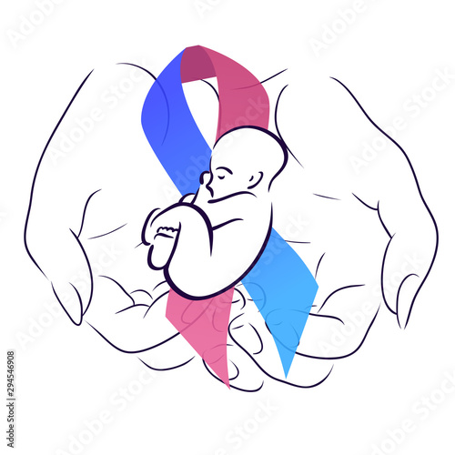 International day of premature babies. Woman hand with festive ribbon with a baby. Motherhood and care. The object is separate from the background. Vector element for articles, logos and your design.