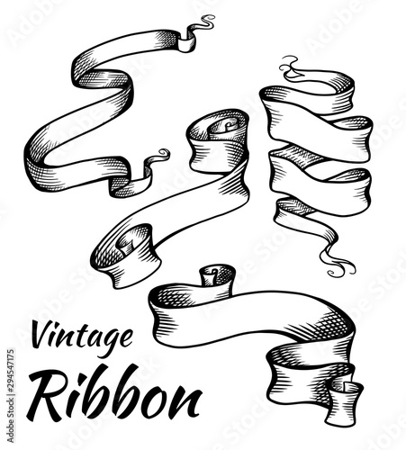 Set of vintage black and white ribbons with a hatch. Parchment scrolls. The object is separate from the background. Vector template for articles, banners, cards and your design.