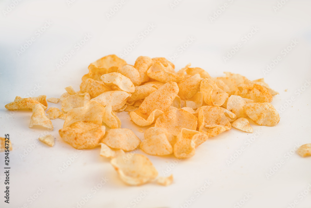 Paprika flavor potato chips, ready for snack time Paprika flavor potato chips, ready for snack time