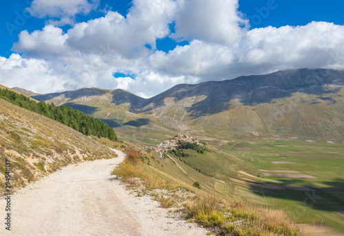 Castelluccio di Norcia, 2019 (Umbria, Italy) - The famous landscape highland of Sibillini Mountains, during the autumn, with the small stone village destroyed by a recent earthquake