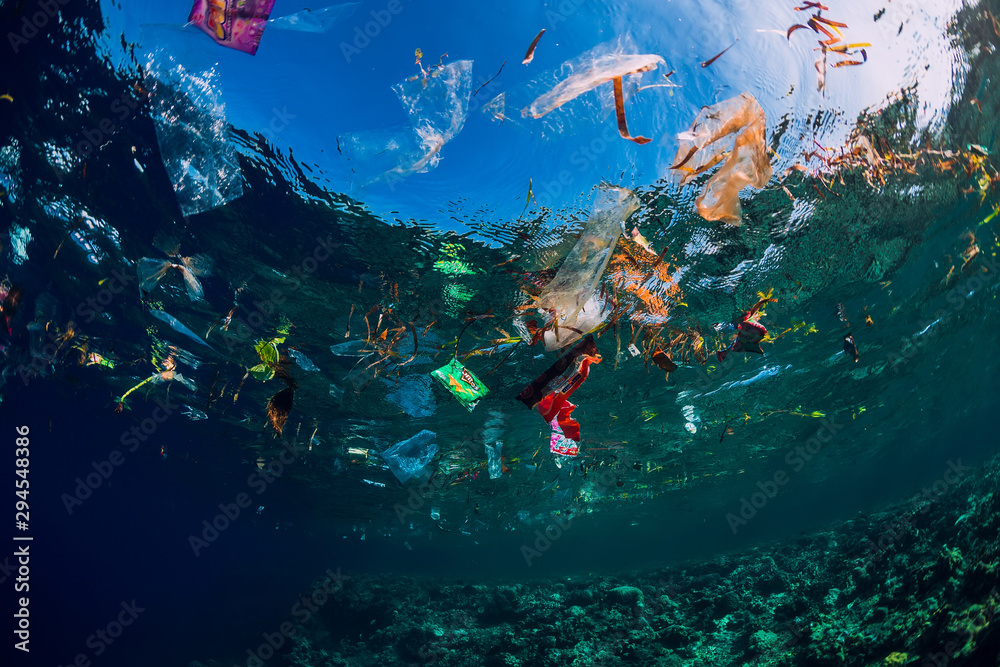 Fototapeta Podwodny ocean z plastikowymi i plastikowymi torbami, problem ekologiczny