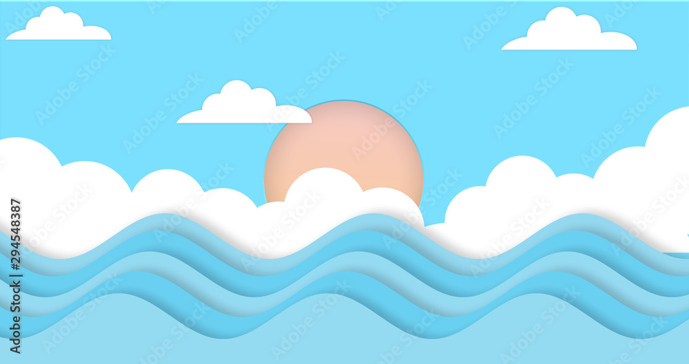 Abstract the sea at dawn clear blue sky with sun background. Soft gradient pastel cartoon graphics. Ideas for children designs or presentations. Flat design illustration of summer Abstract the sea at dawn clear blue sky with sun background. Soft gradient pastel cartoon graphics. Ideas for children designs or presentations. Flat design illustration of summer