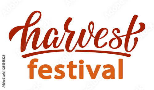 Hand drawn autumn lettering Harvest Festival. Harvest fest bright poster design. Handwritten fall vector illustration isolated on white background for cards, posters, banners, logo, tags.