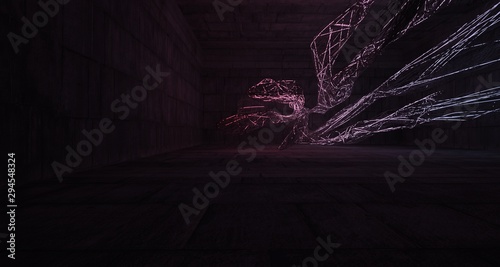 Abstract architectural concrete smooth wire interior of a minimalist house with color gradient neon lighting. 3D illustration and rendering.