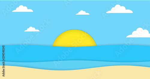 Abstract the sea at dawn clear blue sky with sun background. Soft gradient pastel cartoon graphics. Ideas for children designs or presentations. Flat design illustration of summer