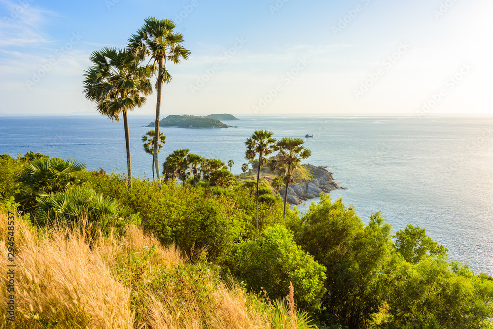Phromthep cape viewpoint at sunset in Phuket, beautiful coast scenery on tropical island with paradise beaches, Thailand