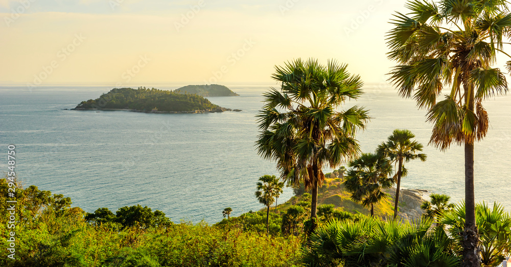 Phromthep cape viewpoint at sunset in Phuket, beautiful coast scenery on tropical island with paradise beaches, Thailand