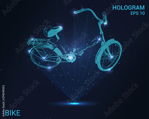 The hologram of bike. A holographic projection of a Bicycle. Flickering energy flux of particles. Scientific transport design.