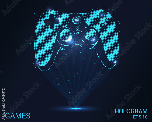 Hologram game. Holographic projection gamepad. Flickering energy flux of particles. The scientific design of eSports.