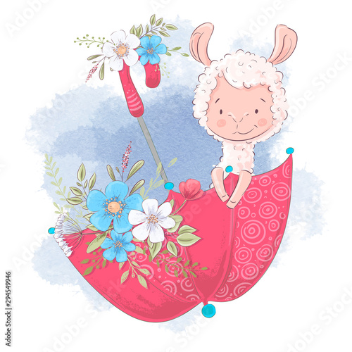 Cute cartoon llama in an umbrella with flowers. Vector illustration