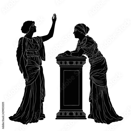 Two ancient Greek women in tunics have a dialogue. Figure isolated on a white background.