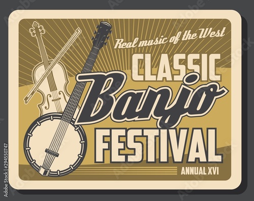 Violin, banjo musical instruments. Music festival